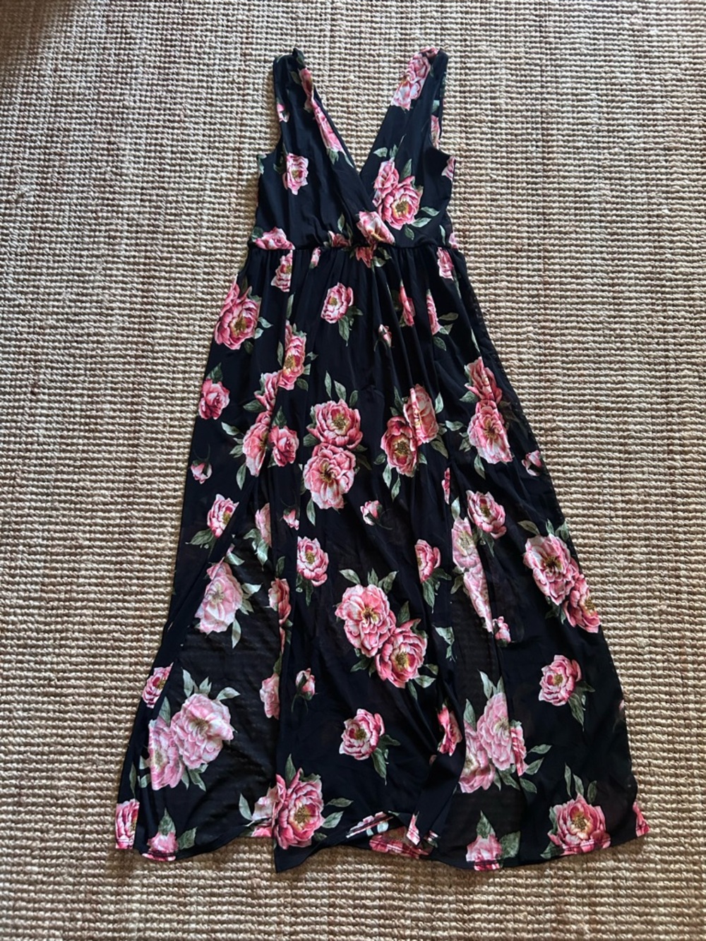 Kimcine Curve Black Sheer Maxi Dress with Pink Floral Print Size XL
